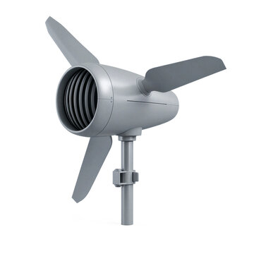 Compact rooftop wind turbine featuring a short pole mast with clamp bracket and cylindrical cowl cut out