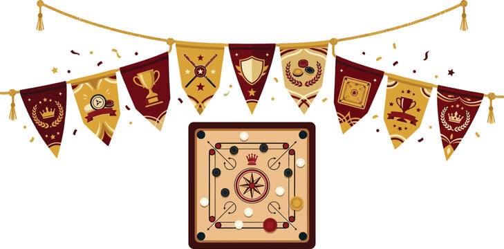 Vintage carrom board game vector illustration, elegant sports bunting flags with trophy and shield icons, luxury tabletop gaming tournament banner
