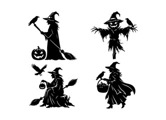 Fototapeta premium Halloween witch and scarecrow silhouettes set with black crows and pumpkins for spooky holiday design