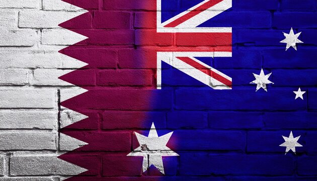 Qatar flag and Australia flag graffiti on brick wall