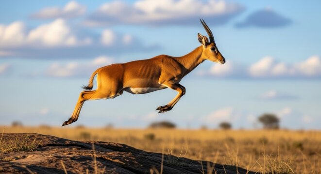 Impala antelope jumping gracefully across the open savannah in Africa