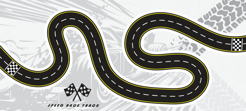 Speed Race Background. Race track in black color with tyre marks and city map on a white background.