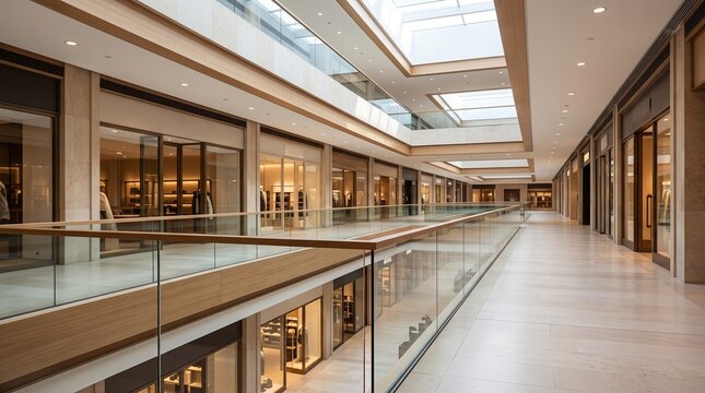 Luxury mall upper balcony, Multilevel atrium viewed across railing