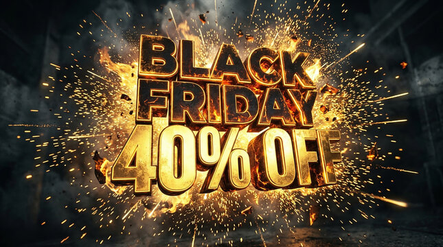 Black friday 40 percent off sign with explosive fire and sparks