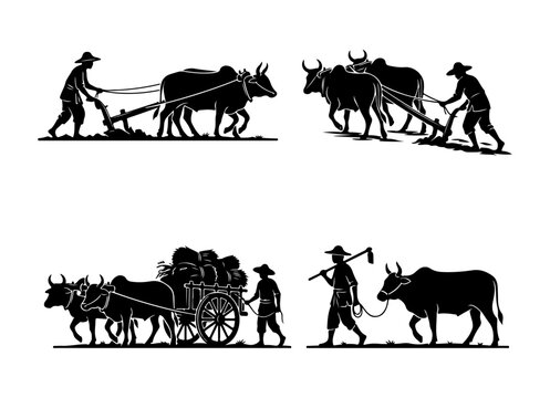 Set of traditional farming silhouettes with farmers plowing fields and pulling carts with oxen teams