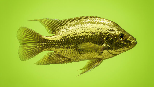 Chrome gold cichlid fish swimming smoothly with reflective metallic scales against pale green background