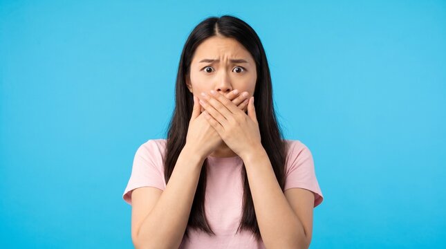 Shocked young Asian woman covering mouth in surprise on blue background