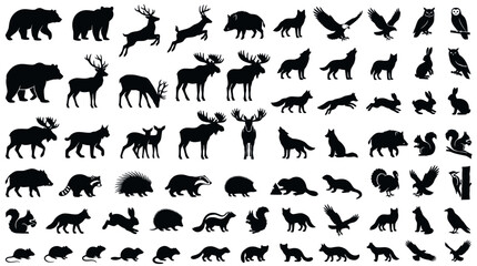 Fototapeta premium Collection of wild animal silhouettes including bears deer wolves owls and foxes for nature and wildlife design projects