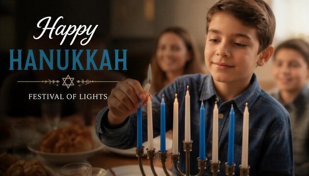 Young boy lighting candles on a menorah during a traditional family