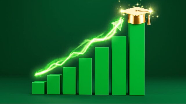 Emerald green crystal growth bar chart with rising arrow and golden graduation cap on the highest pillar for education investment and financial career success concept.