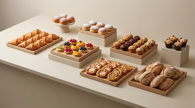 Assortment of fresh baked bread pastries and muffins displayed on wooden trays in a bakery. bakery item layout