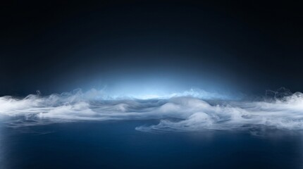 Blue illuminated smoke drifting across a dark abstract background © Brightframehub