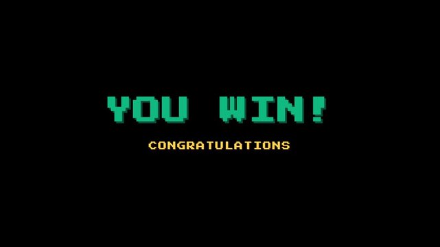 Retro you win text with congratulations message in green and yellow pixel style for video game victory design