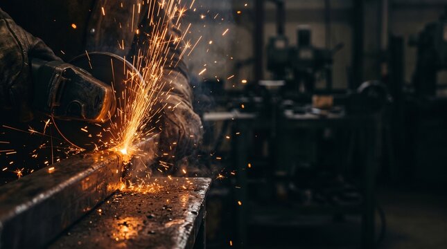 Worker grinding metal with an angle grinder in a workshop