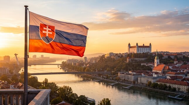 Slovak national flag waving in the wind over the Danube river and Bratislava castle at sunset