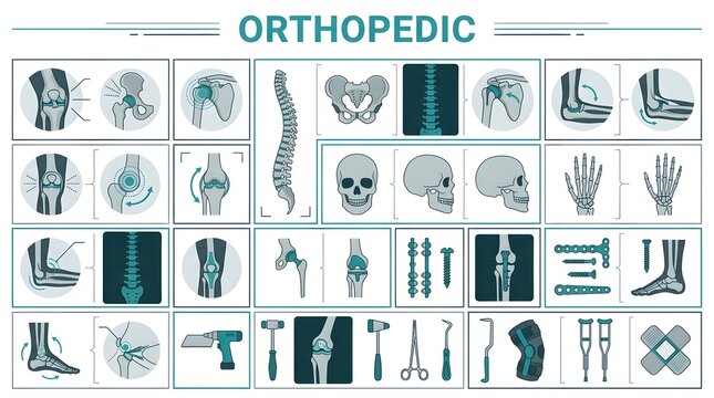 Orthopedic Medicine Infographic with Bone, Joint and Medical Equipment Icons in Teal and Gray