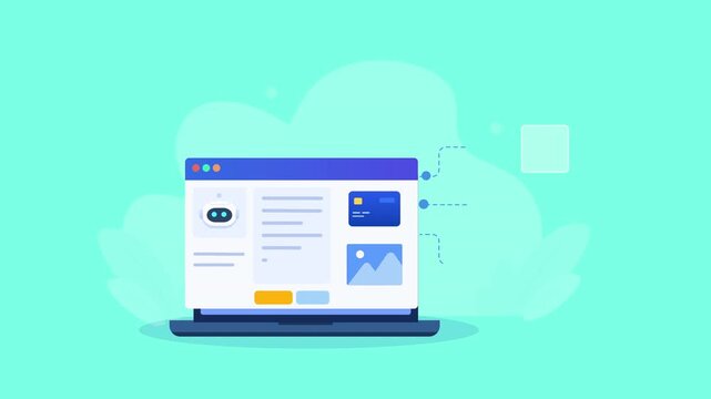 Flat vector animation showing a laptop dashboard connected to document, media, image, and verification icons for digital content management and approval workflows.