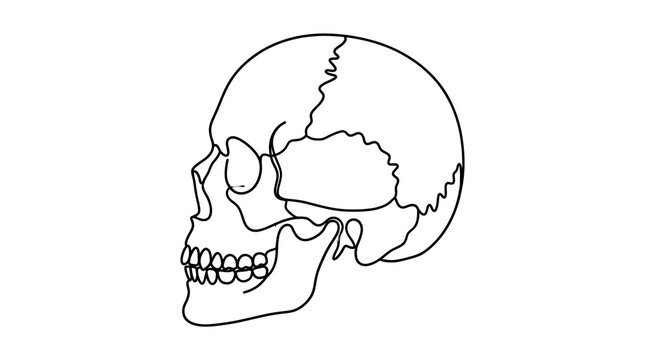 Human Skull Anatomy Side View Line Drawing Showing Cranial Bones and Facial Structure