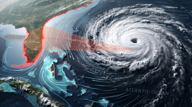 Satellite view of massive hurricane approaching Florida coastline with weather forecast path and potential storm surge zone warning map showing extreme cyclone winds in the Atlantic Ocean