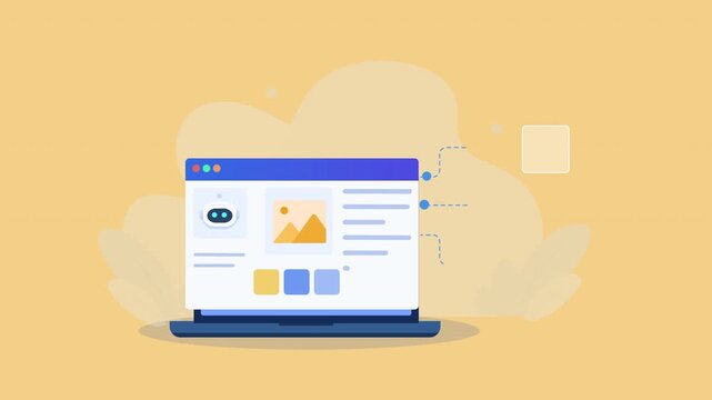 Flat vector animation showing a laptop content dashboard with image, video, document, and media icons for digital content management and publishing.