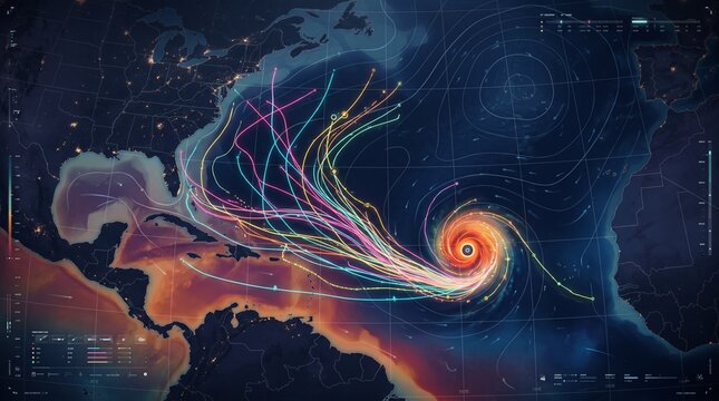 Digital meteorological hurricane tracking map showing tropical storm forecast spaghetti models, cyclone eye vortex, and satellite weather data radar monitoring over the Atlantic ocean basin