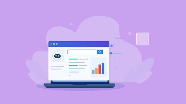 Flat vector animation showing a laptop dashboard with search, performance charts, trophy, and link icons for business analytics, growth, and digital strategy.