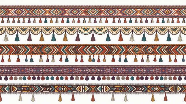 Set of seamless ethnic borders with colorful tassels and pompoms, decorative tribal patterns for textile design, boho style fabric trim elements