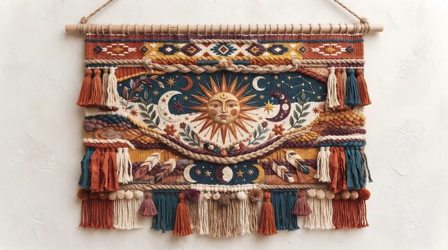 Bohemian style wall hanging tapestry featuring a celestial sun and moon design with intricate woven patterns, tassels, and warm earthtoned colors