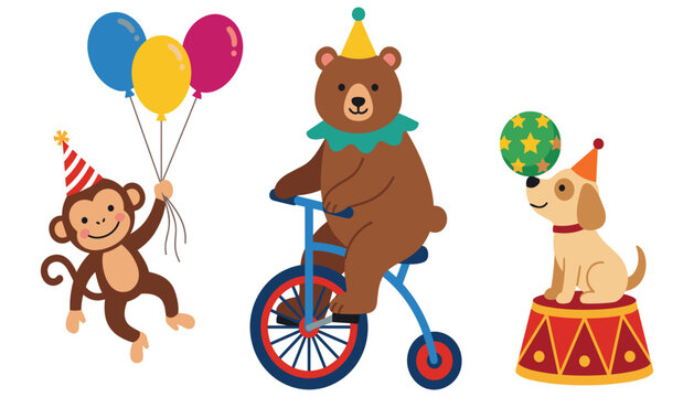 Cute circus animals cartoon character set vector illustration. Bear riding tricycle, monkey holding balloons, dog balancing a ball.