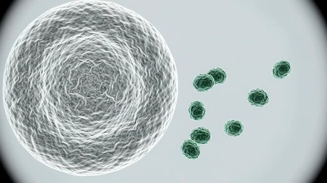 Epithelial cell with several clearly visible Chlamydia trachomatis particles positioned nearby