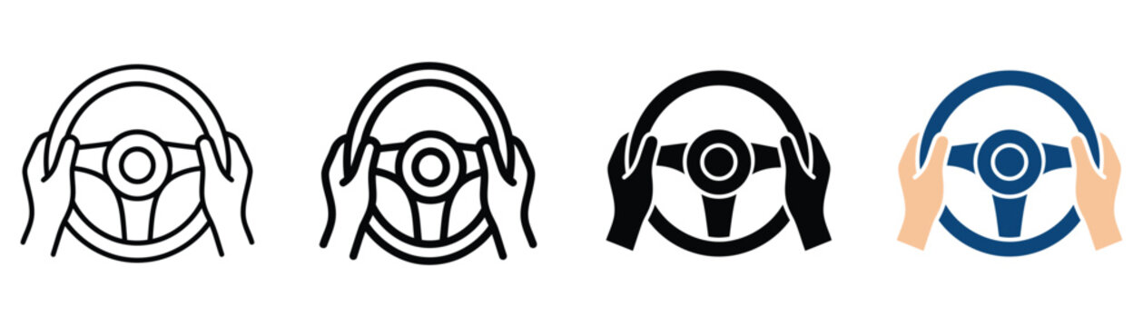 Driver icon set featuring steering wheel and hands on wheel symbols for driving, road safety, transport, and vehicle control.
