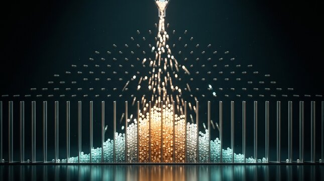 Glowing spheres falling through pins into vertical transparent columns