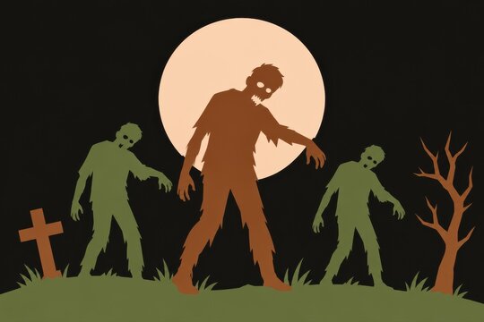 Halloween scene with zombies walking towards the viewer under a large moon.