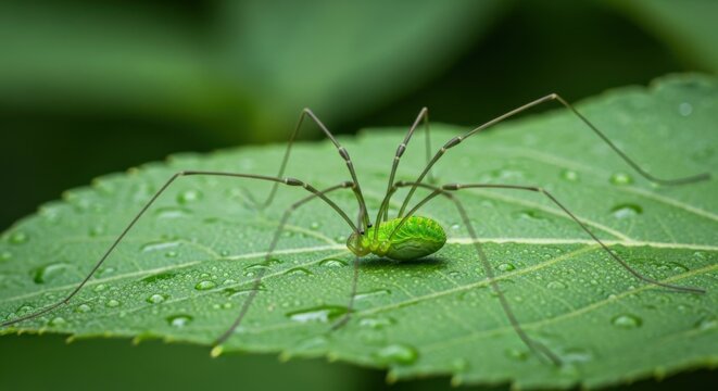 A bright green harvestman spider resting on a dew covered leaf