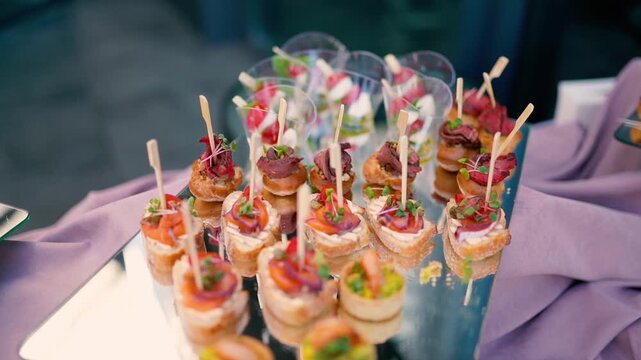 Catering service on banquet table with canape snacks in restaurant or hotel. Decorated food set on birthday, wedding celebration or business conference event