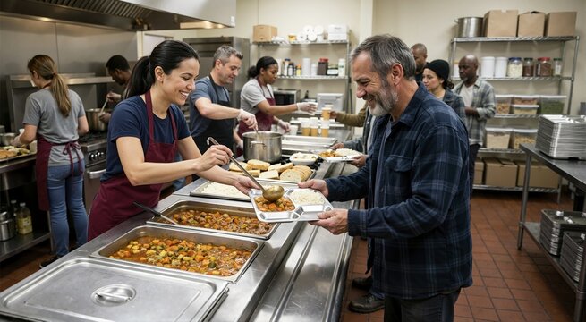 Dinner being served in homeless shelter kitchen. Support services and interpersonal communication
