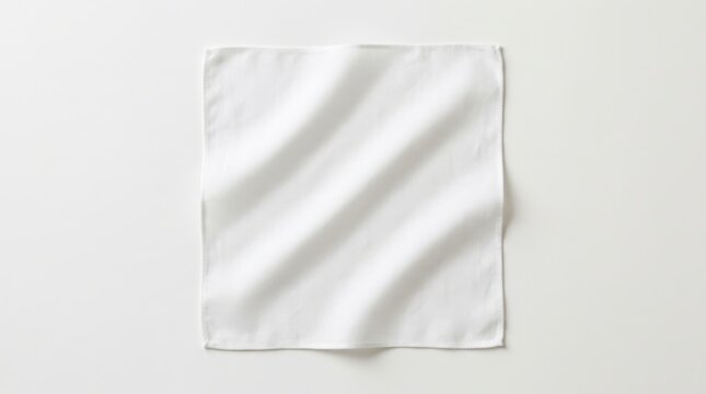 A single, square white cotton handkerchief or napkin with soft folds and subtle shadows, isolated on a plain, bright white background surface