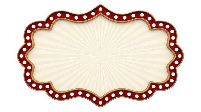 A vintage-style marquee sign frame with a scalloped edge and red border, illuminated by small white light bulbs, on a plain white background