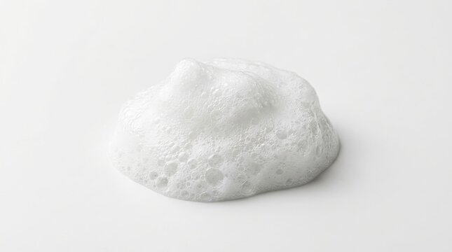 A small, dense dollop of white soap foam with visible bubbles and soft peaks, isolated on a clean, plain white studio background, surface area