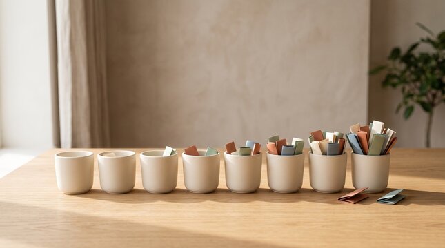 Row of Ceramic Cups Increasing in Paper Content representing Business Bar Graph