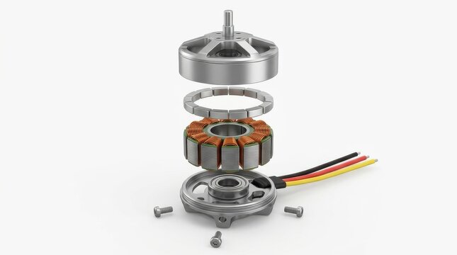 Exploded view of a brushless drone motor showing internal components like magnets, copper coils, bearings, and casing on a white background