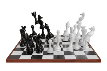 black and white chess pieces tumbling and clashing in mid-air on a chessboard © omkuhh