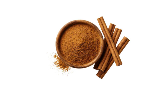 Cinnamon powder in a wooden bowl with cinnamon sticks