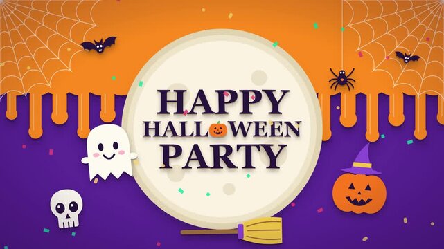 Happy halloween greeting card design with cute ghost skull spider bat