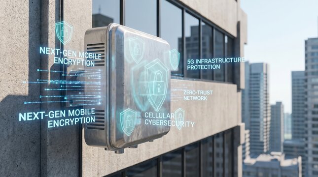 A building exterior with a cellular cybersecurity concept overlay highlighting next-gen mobile encryption, 5G infrastructure protection, and zero-trust network security.