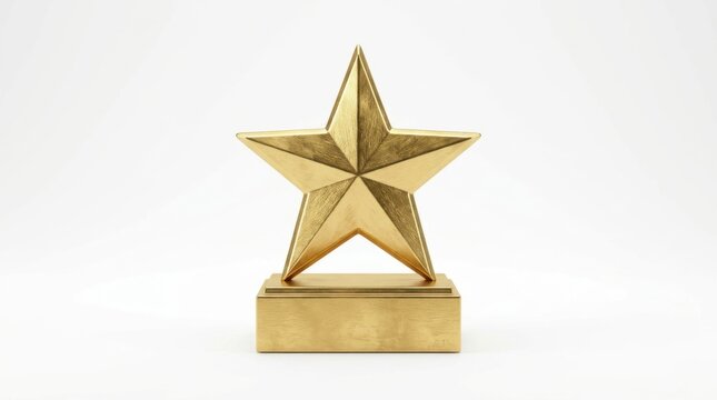 A single shiny gold five pointed star trophy standing on a rectangular base isolated on a plain white studio background, surface view