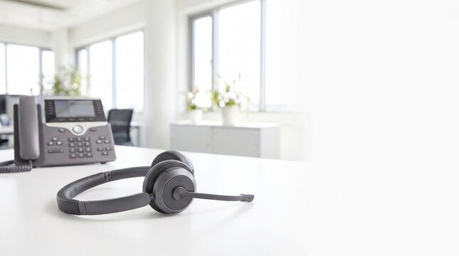Wireless headset and IP desk phone on an office desk with a bright blurred background