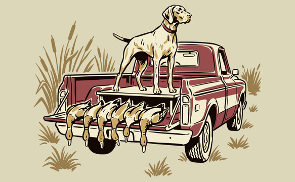 Illustration of a Hunting Dog Standing in a Tailgate with Hunted Waterfowl