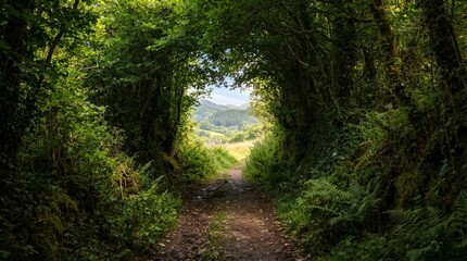 Obraz premium A winding dirt path through a lush green forest tunnel leading to a sunlit meadow and rolling hills representing nature and adventure