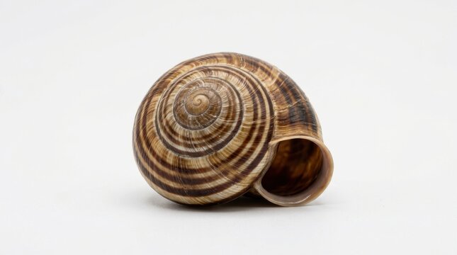 A single empty brown and white striped garden snail shell with a spiral pattern, isolated on a plain white background